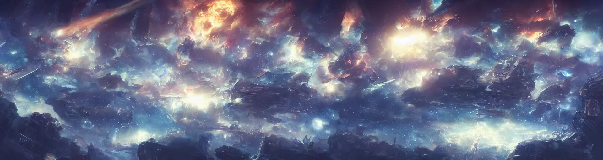 Image similar to city floating in space, lots of spacecraft flying to and from. beautiful nebulae clouds. detailed fantasy art. concept art. dramatic lighting.