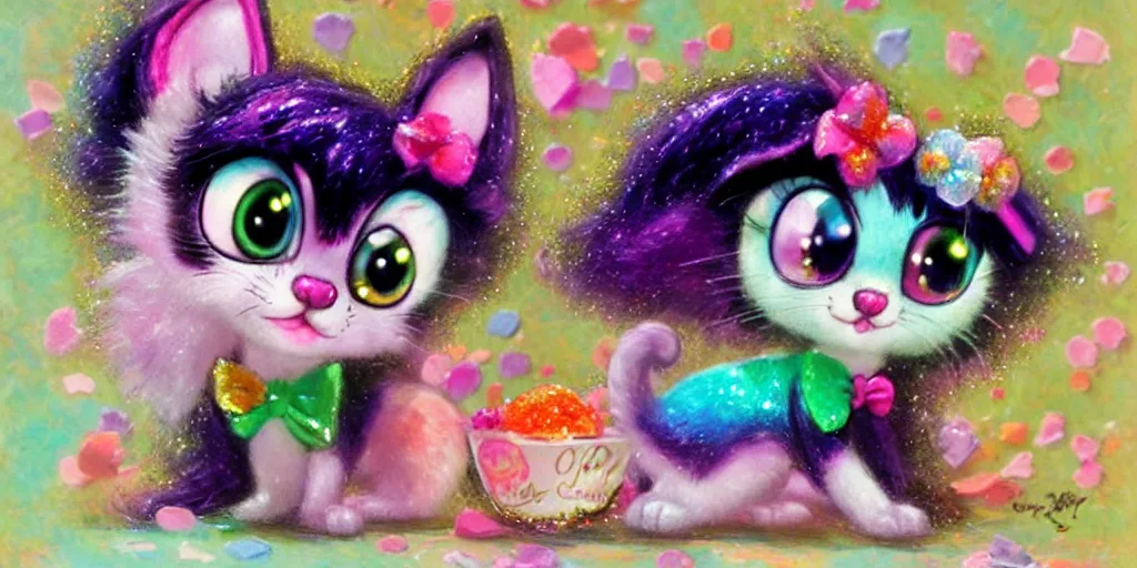 Image similar to 3 d littlest pet shop cat, lacey accessories, glittery wedding, ice cream, gothic, raven, rainbow, master painter and art style of noel coypel, art of emile eisman - semenowsky, art of edouard bisson