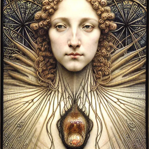 Image similar to detailed realistic beautiful young medieval queen face portrait by jean delville, gustave dore, iris van herpen and marco mazzoni, art forms of nature by ernst haeckel, art nouveau, symbolist, visionary, gothic, pre - raphaelite, horizontal symmetry, fractal lace