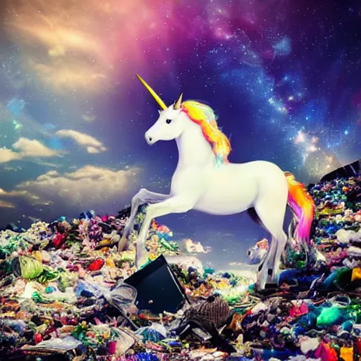 Image similar to 8 k capture scan of a iridescent unicorn with wings dancing in a garbage dump, the sky has the milky way, high textured, conceptual, intricate detailed photography, illustration sharp