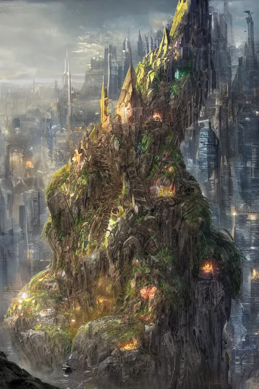 Prompt: fantasy metropolis of tall towers at the top of a cliff looking over a river, concept art, trending on artstation