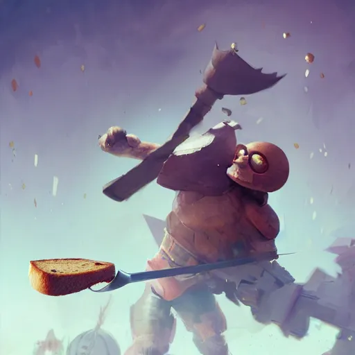 Image similar to battle toast, a slice of toasted bread with a face, arms and legs, holding a sword, volumetric lighting, dynamic composition, fantasy, hyper detailed, ultra realistic, sharp focus, octane render, concept art by sergey kolesov and ruan jia and heng z