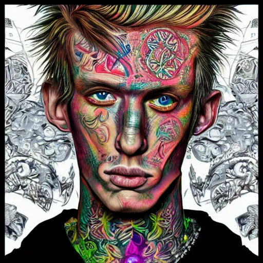 Image similar to an extremely psychedelic portrait of mgk, surreal, lsd, face, detailed, intricate, elegant, lithe, highly detailed, digital oth, sharp focus, illustration,