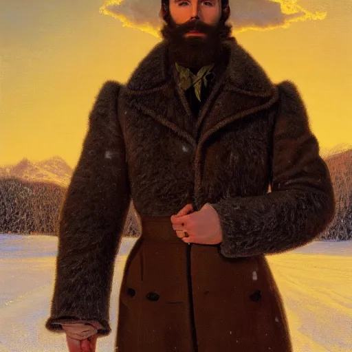 Prompt: portrait of Orville Peck in a snowy landscape at sunset, by Mark Maggiori, by Alfred Bierstadt, by Tom of Finland, golden hour, epic, hyperrealistic, trending on artstation