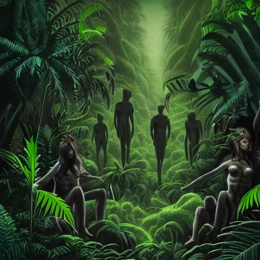 Image similar to « dark jungle, lost group of humans, detailed, far view »