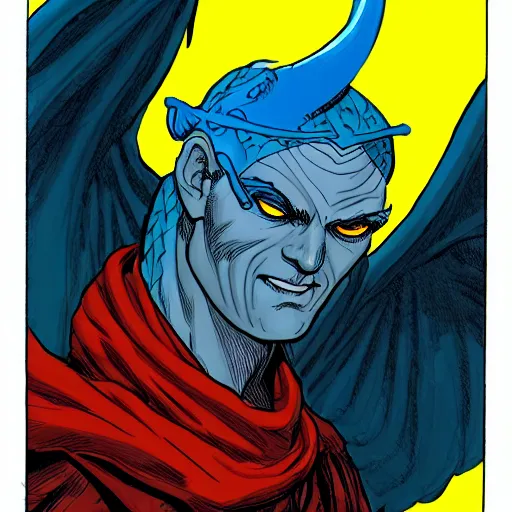 Image similar to head and shoulders portrait of a medieval d & d fantasy anthropomorphic blue dragon - headed sorcerer, comic book cover art by phil noto and frank miller