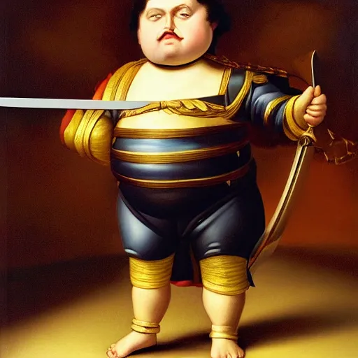 Prompt: tiny napoleon holding a giant and too heavy sword, by fernando botero, painting, fine art, high contrast, divine, strong, rembrandt lighting, ray tracing global illumination, ray tracing reflections, insanely detailed and intricate, hypermaximalist, elegant, ornate, hyper realistic, super detailed