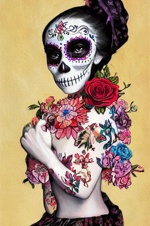 Prompt: Illustration of a sugar skull day of the dead girl, art by Kenne Gregoire