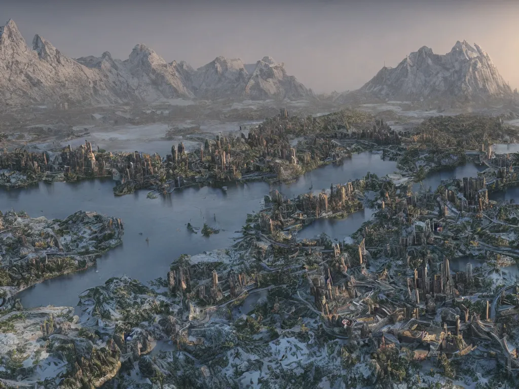 Image similar to scenic view of a fantasy city behind a black defensive rampart, tall thin elegant obsidian towers, a lake in the foreground, snowy mountain in the background, overcast dusk, matte painting by marc simonetti, ArtStation, Unreal Engine 5, Blender, rendered by Arnold, Octane, 3D, photorealism, photograph