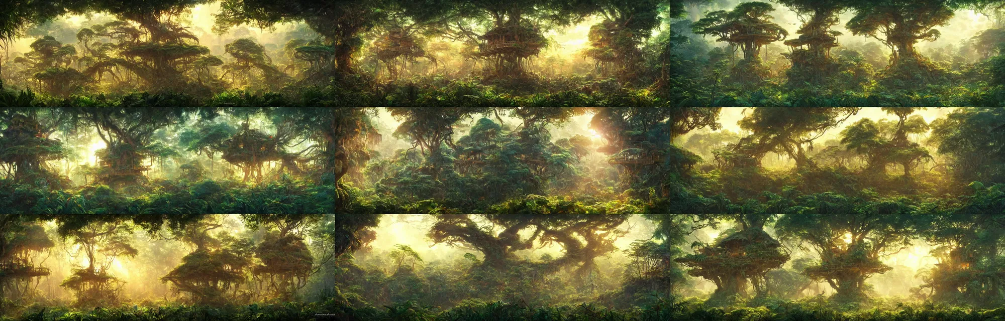 Prompt: concept art landscape of a jungle scene during golden hour, an overgrown treehouse in the middle of a clearing, beautiful, fantasy, colorful, cinematic lighting, artstation, trending, highly detailed, focus, smooth, by studio ghibli, rossdraws, hirohiko araki, yoshitaka amano