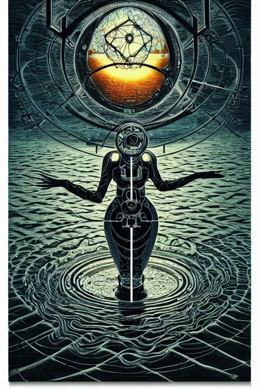 Image similar to dreamy portal in the center of the lake, abstract black oil, gear mecha, beautiful woman body, detailed acrylic, grunge, intricate complexity, by dan mumford and by alberto giacometti, m. c. escher