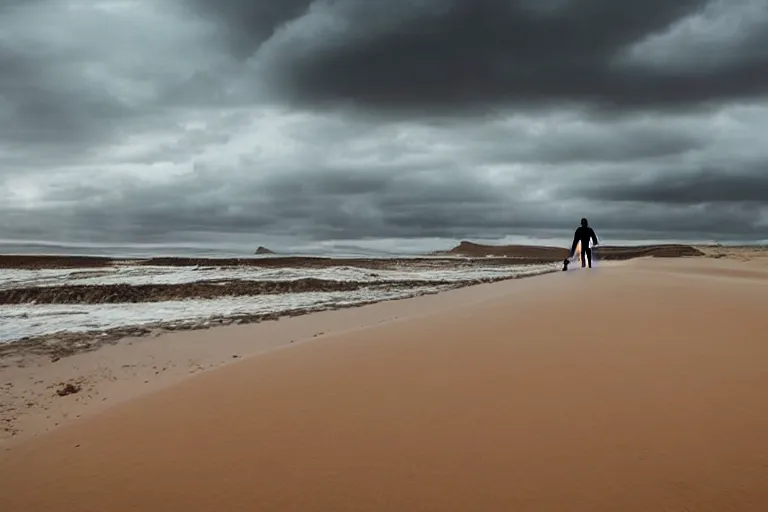 Prompt: a cinematic wide angle shot of a man in his early twenties walking on the sand towards the camera with his head down, sea behind him, in the 2 0 2 1 movie dune, the sand is in the form of a wave, stormy weather, dry, film still, cinematic, dramatic lighting, blue color theme, by zack snyder