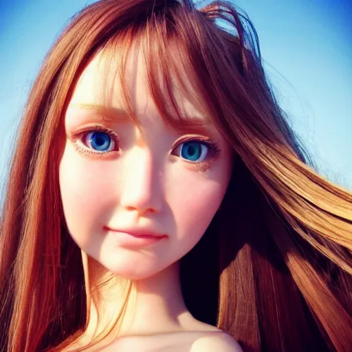 Image similar to Selfie photograph of Cute 3d anime girl, long shiny bronze brown hair, big green eyes, cute freckles, soft smile, golden hour, beach setting, medium shot, mid-shot, trending on Artstation,