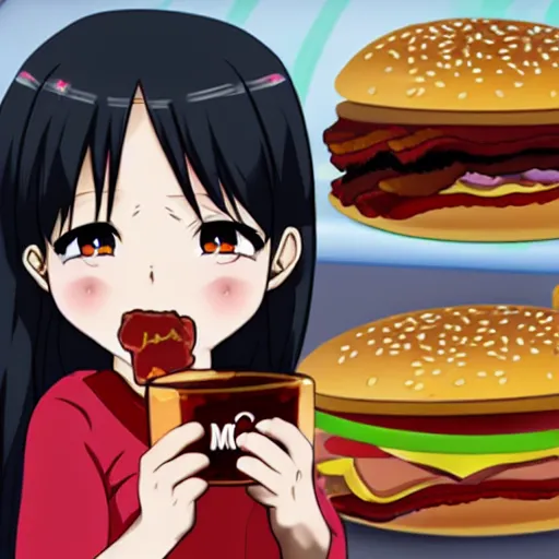 Prompt: anime girl eating bacon by mcdonalds