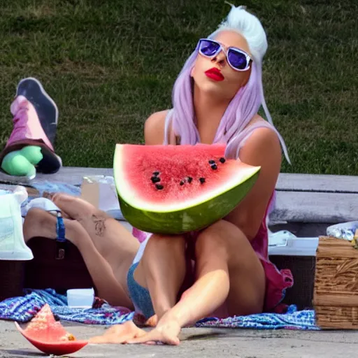 Prompt: lady gaga eating watermelon sitting on the streen, flies flying around