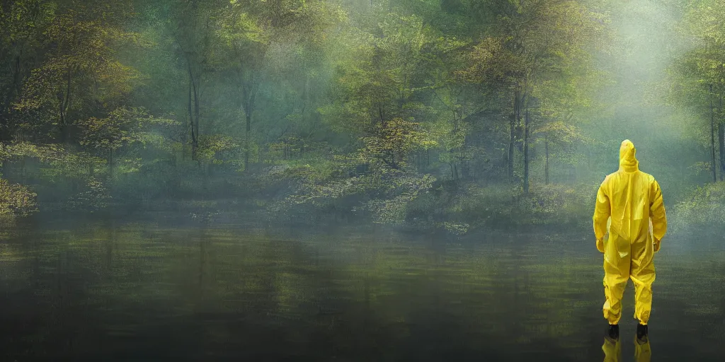 Image similar to a man in a yellow hazmat suit stands in a small lake with reflections in a detailed forest, painting, concept - art, rendering, octane, redshift, cinematic composition, volumetric lighting