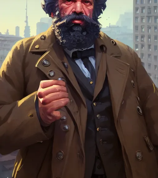 Image similar to highly detailed portrait karl marx as buff gangsters holding gums in gta v, stephen bliss, unreal engine, fantasy art by greg rutkowski, loish, rhads, ferdinand knab, makoto shinkai and lois van baarle, ilya kuvshinov, rossdraws, tom bagshaw, global illumination, radiant light, detailed and intricate environment