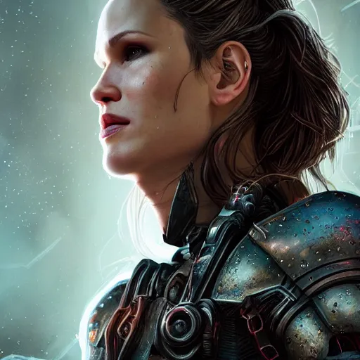 Image similar to jennifer garner portrait, dystopia core, apocalyptic, armor, warrior, dramatic, sharp focus, fiction, neon, fantasy, hyper detailed, digital art, trending in artstation, cinematic lighting, studio quality, smooth render, unreal engine 5 rendered, octane rendered, art style and nixeu and wlop and krenz cushart