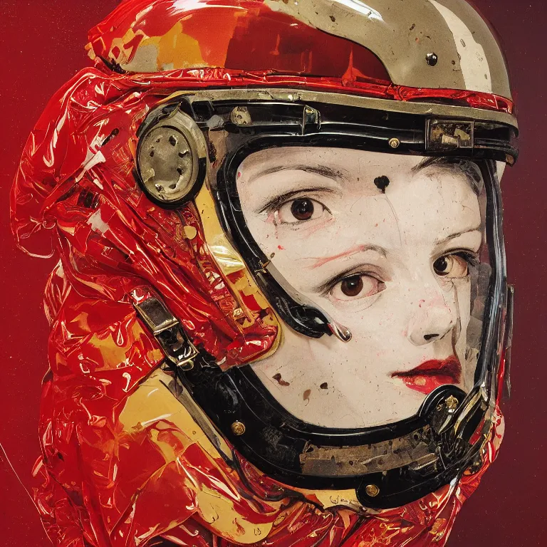 Image similar to portrait of a third reich soldier in ornate motorcycle dirt helmet in a helmet background red plastic bag, circuitboard,, rich deep colors, ultra detail, by francis bacon, james ginn, petra courtright, jenny saville, gerhard richter, zdzisaw beksinsk, takato yamamoto. masterpiece, elegant fashion studio ighting 3 5 mm