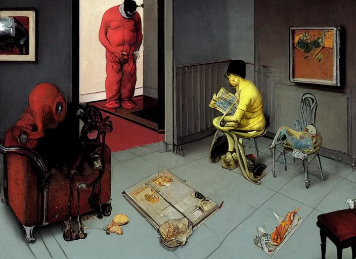 Prompt: a still from home alone by giorgio de chirico, surreal, norman rockwell and james jean, francis bacon, triadic color scheme, by greg rutkowski, in the style of francis bacon and edward hopper and beksinski, dark surrealism, grand theft auto video game, a still from the film alien