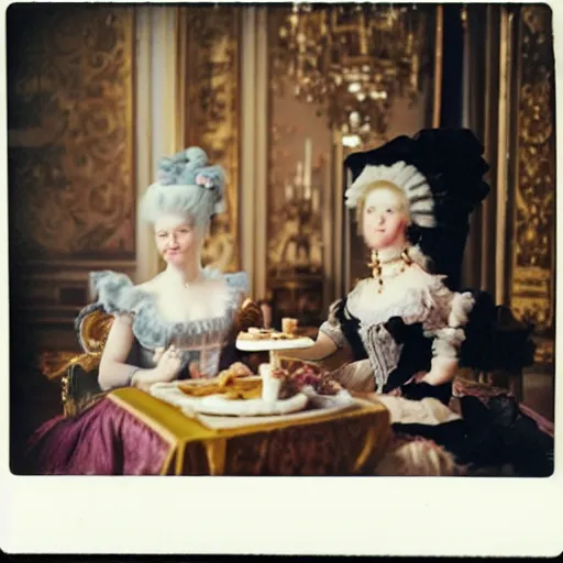 Prompt: a Polaroid of Marie Antoinette eating cake at the Versailles palace in 1792, candid photography