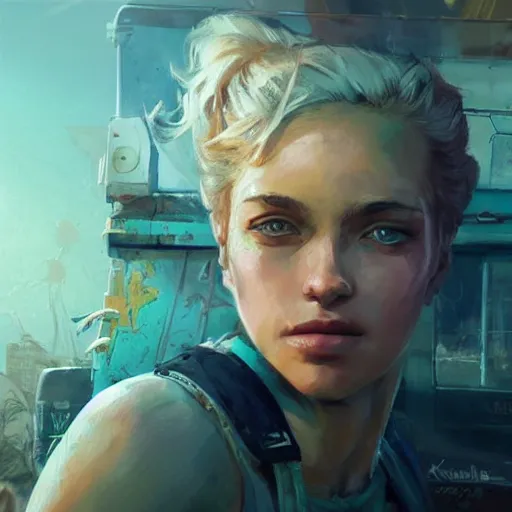 Image similar to fallout 5, charismatic beautiful rugged blonde female protagonist, portrait, outdoors tropical cityscape, atmospheric lighting, painted, intricate, volumetric lighting, beautiful, daytime, sunny weather, few clouds, sharp focus, deep colours, ultra detailed, art by krenz cushart and wenjun lin