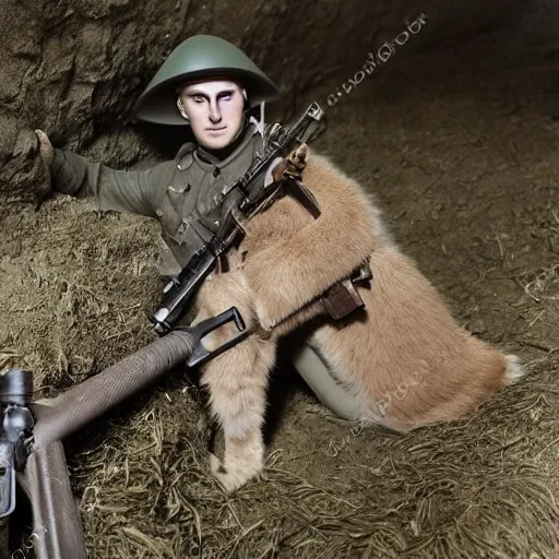 Image similar to cute fluffy caracal in trenches of ww 1, wearing ww 1 hermet, with rifle, old photo, hyperrealistic detailed 8 k