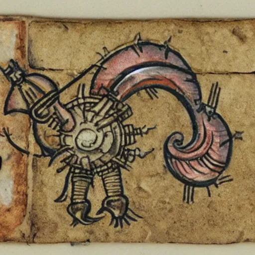 Prompt: medieval armored war snail manuscript miniature