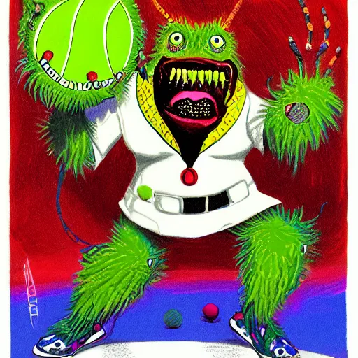 Image similar to a tennis ball monsters, devil colorful, digital art, fantasy, magic, chalk, trending on artstation, ultra detailed, professional illustration by basil gogos