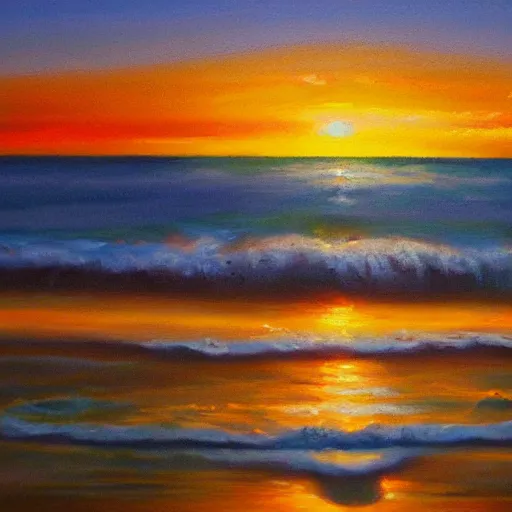 Prompt: sunset, sea, coast, oil painting