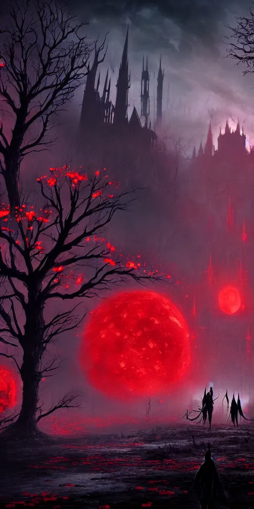 Image similar to abandoned bloodborne old valley with a obscure person at the centre and a ruined gothic city in the background, trees and stars in the background, falling red petals, epic red - orange moonlight, perfect lightning, wallpaper illustration by niko delort and kentaro miura, 4 k, ultra realistic