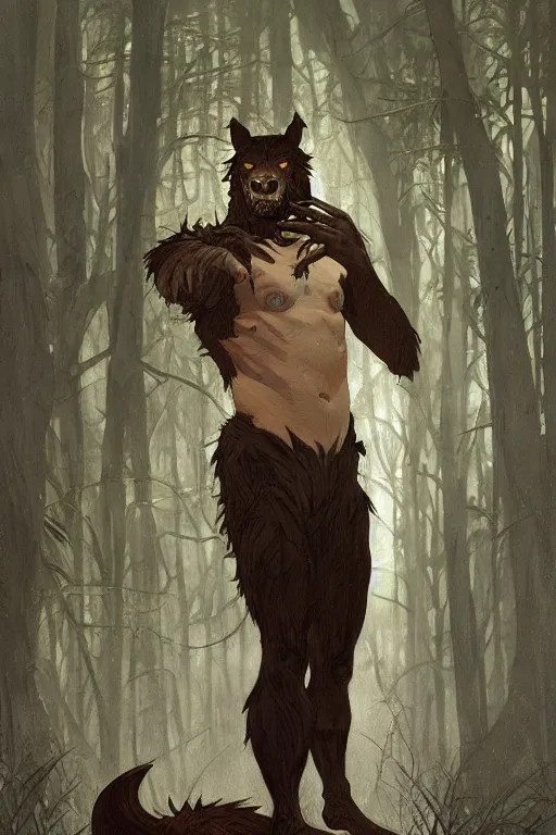 Image similar to fullbody portrait of a male werewolf, bared teeth, long claws, dark forest at night, by greg rutkowski and alphonse mucha, gradient brown to silver, highly detailed, digital painting, artstation, concept art, smooth, sharp focus illustration