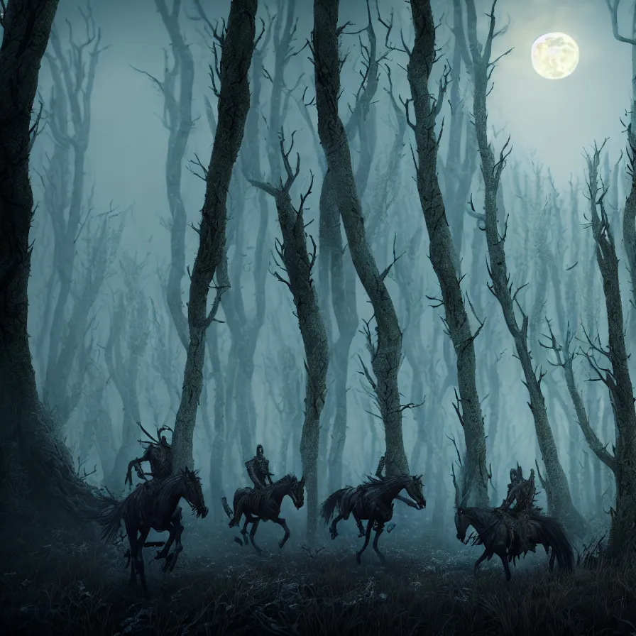 Image similar to the wild hunt, ghost riders in the full moon, skeletal shadow creatures, lurking enchanted forest, blizzard, mist, treacherous road, uneasy atmosphere, from the witcher, cinematic, arnold gpu, octane workflow, 8 k, unreal 5, hyperrealist, intricate digital art, volumetric lighting, trending artstation, dark fantasy