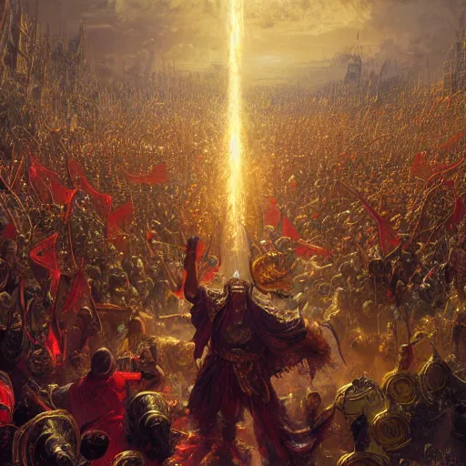 Image similar to artstation concept of a god in armor standing in a crowd gettig cheered, man with arms wide open, bright colorful, gold, hyperdetailed, artstation trending, world renowned artists, worth 1 0 0 0. com, historic artworks society, antique renewel, cgsociety, by greg rutkowski, by gustave dore, deviantart