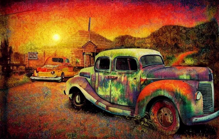 Prompt: A sunset light landscape with historical route66 made by Jheronimus Bosch, jugendstil, gustav klimt, lots of sparkling details and sun ray’s, blinding backlight, smoke, volumetric lighting, colorful, octane, 35 mm, abandoned gas station, old rusty pickup-truck, beautiful epic colored reflections, very colorful heavenly, light colors