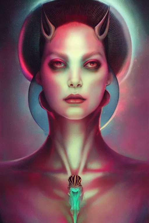 Image similar to a dramatic lighting photo of an elegant alien queen, vaporwave colors, artgerm, tom bagshaw, gerald brom,