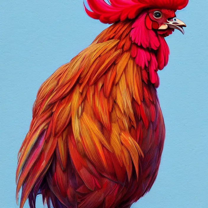 Prompt: portrait of beautiful symmetrical rooster, rainbow feathers, attractive, casual, modern, victoria's secret, highly detailed, digital painting, artstation, concept art, smooth, sharp focus, illustration, art by moebius artgerm, greg rutkowski and alphonse mucha, 8 k,