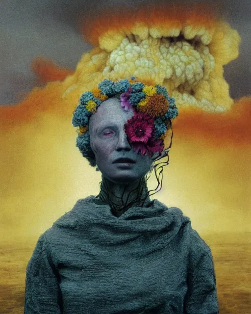 Image similar to A portrait of a woman wearing clothes made out of dying flowers, nuclear explosion in the background, Masterpiece, yellow skin, glowing, wires everywhere, by Edgar Maxence and Ross Tran, Zdzisław Beksiński, and Michael Whelan, distant, gustav dore, H.R. Giger, 8k, octane render