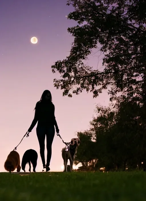 Prompt: young brown woman walking her dog in a park at night with a full moon