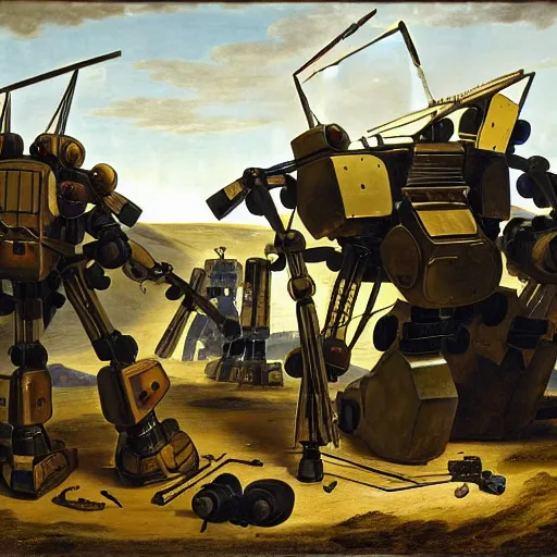Painting of a damaged combat mech being repaired by | Stable Diffusion ...