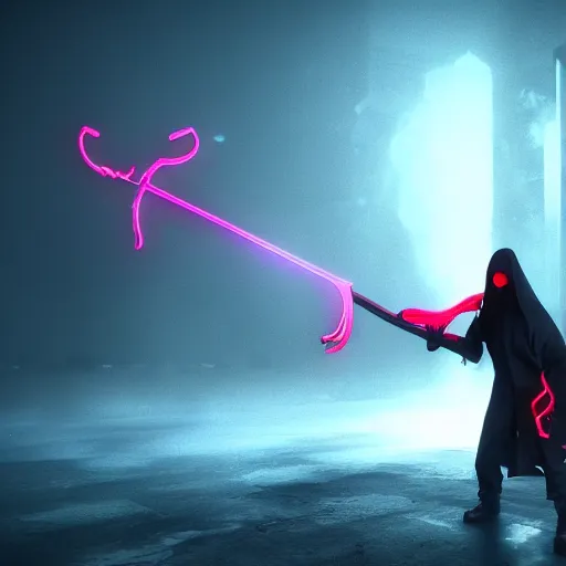 Image similar to hyper realistic neon grimm reaper holding a scythe, photorealistic cinematic render, octane render, cyberpunk graveyard with fog atmosphere