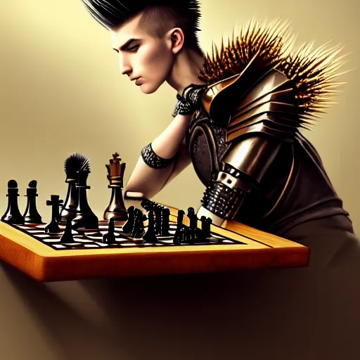 Prompt: androgynous person with spiky hair, wearing very complex steampunk armor, playing chess, oil painting, soft style, hyperrealism, beautiful, high resolution, trending on artstation