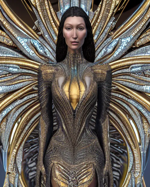 Image similar to a highly detailed metahuman 4 k close up render of an alien goddess bella hadid statue in iris van herpen dress schiaparelli in diamonds crystals swarovski and jewelry iridescent in style of alphonse mucha gustav klimt trending on artstation made in unreal engine 4