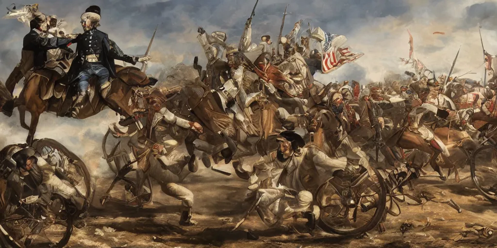 Image similar to George Washington rides a motorcycle to attack the British army in the revolutionary war, epic, cinematic, concept Art, detailed, 4K