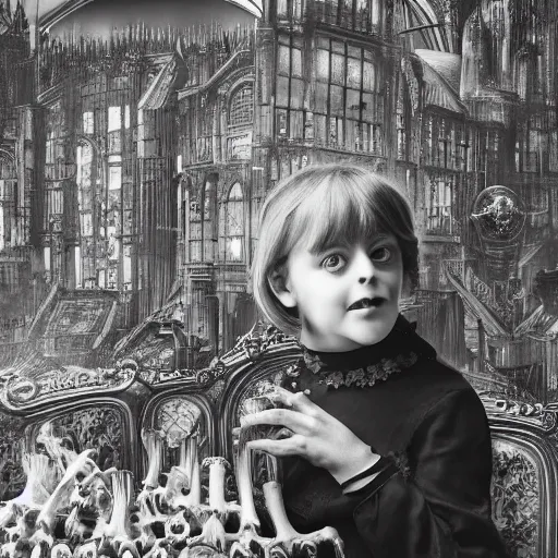 Prompt: a photo of young sad victorian gothic child with big eyes and wide grin sitting on a sofa of bones surrounded by a cyber futuristic cityscape made of human body parts, ultra detailed, 8 k resolution, beautiful lighting, expansive detailed layered city, landscape, sigma 8 5 mm, award winning photography