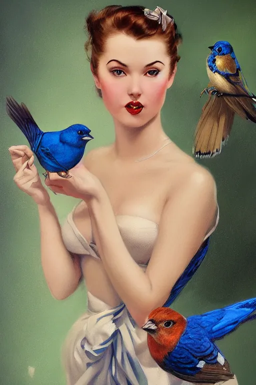 Image similar to hyper realistic painting, tasteful pinup girl holding an indigo bunting, bird, the bird is wearing a bowtie, by greg rutkowski, rossdraws, gil elvgren, enoch bolles, anime, porcelain skin, very coherent