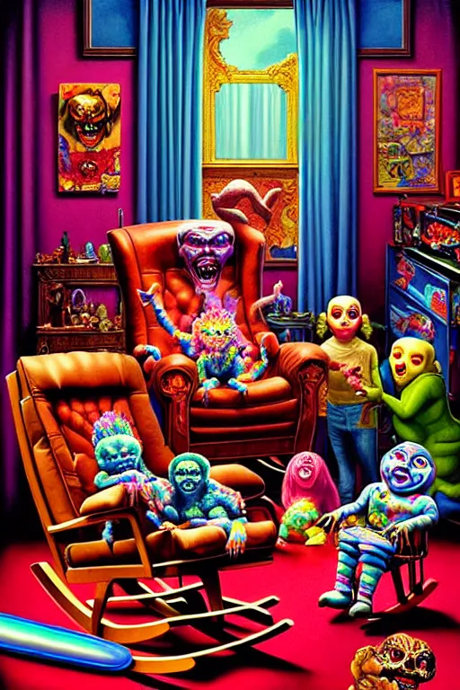 Image similar to a hyperrealistic painting of an ornate room full of evil possessed toys watching a grandma in a rocking chair, cinematic horror by chris cunningham, lisa frank, richard corben, highly detailed, vivid color,