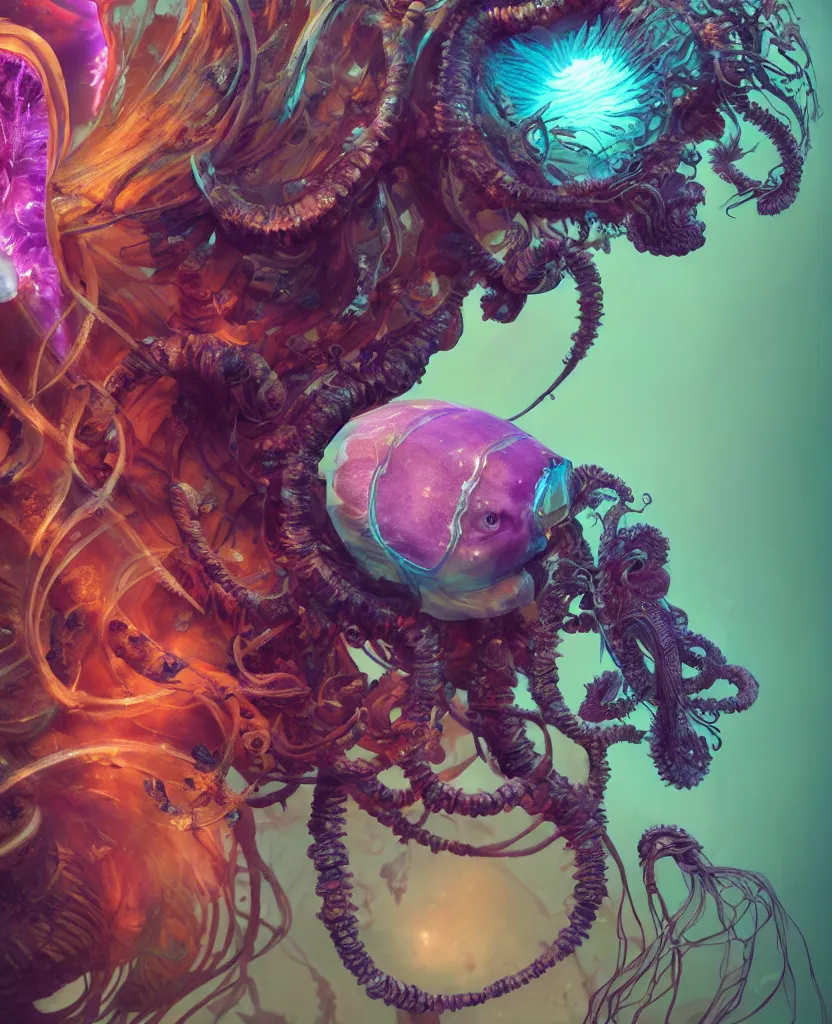 Image similar to goddess close-up portrait ram skull, thorax, x-ray, backbone, jellyfish phoenix head, nautilus, orchid, skull, betta fish, bioluminiscent creatures, intricate artwork by Tooth Wu and wlop and beeple. octane render, trending on artstation, greg rutkowski very coherent symmetrical artwork. cinematic, hyper realism, high detail, octane render, 8k