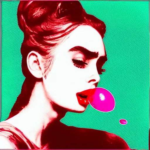 Prompt: “Lilly Collins blowing bubbles artistic Andy Warhol style portrait”