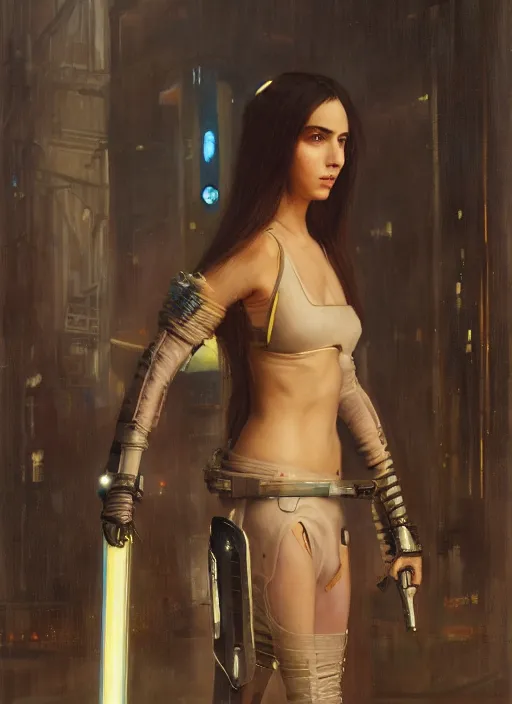 Prompt: Cyberpunk swordswoman in futuristic clothes (blade runner 2049, cyberpunk 2077). Orientalist portrait by john william waterhouse and James Gurney and Theodore Ralli and Nasreddine Dinet, oil on canvas. Cinematic, hyper realism, realistic proportions, dramatic lighting, high detail 4k